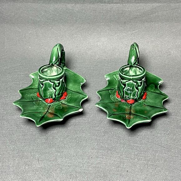 Vintage Antique Christmas Holly Berries Green Candle Stick Holders Holiday Decor - Picture 1 of 13